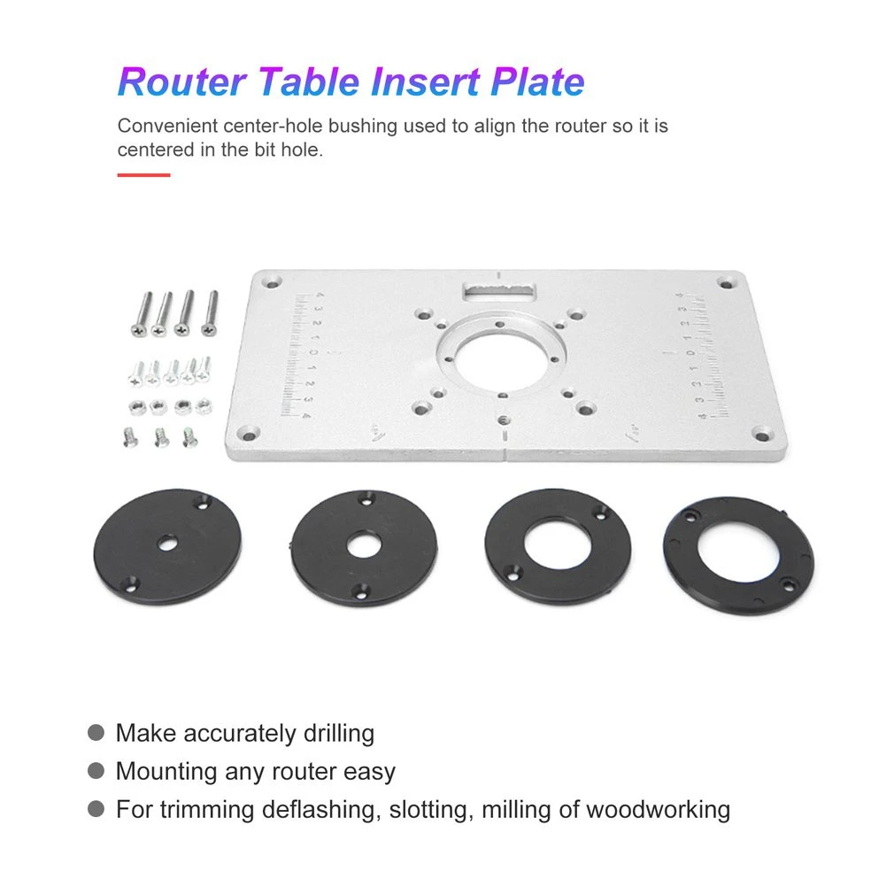 Aluminum Router Table Insert Plate Multifunctional Engraving Machine Wood Flip Panel with 4 Rings for Woodworking Benches