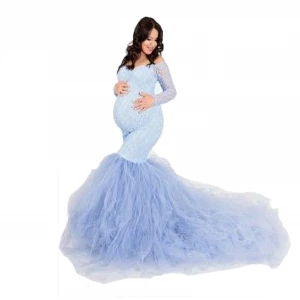 Amazon Hot Sale Long Sleeve Lace Stitching Mesh Photoshoot Pregnant Women Long Casual Wedding Dresses
