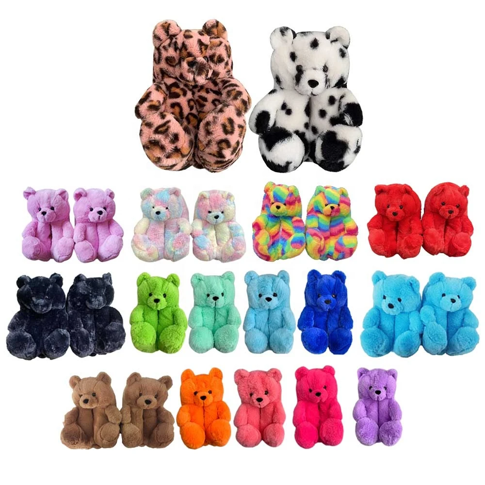 Amazon Hot Sale Soft Fluffy Teddy Bear Slippers Animal Shaped Plush 2021 Wholesale Cheap Women Fuzzy Teddy Bear House Slippers