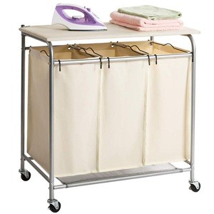 Best selling 3 Bag Rolling Laundry Cart with ironing board table Folding Clothes Hamper Iron Detergent Dorm Ironing