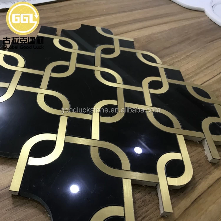 Buy Black Tile With Brass Inlay Wire Wall Decor Mosaic Marble from