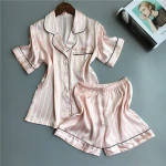 British style fashion leisure wear strip printed short sleeve pajamas washable women summer silk pajamas