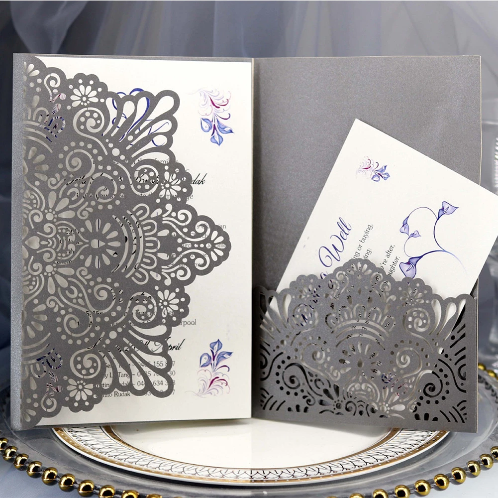 Cheap Price Purple Color Digital Wedding Invitations Laser cut Invitation Card Pocket Envelope for Openning Ceremony