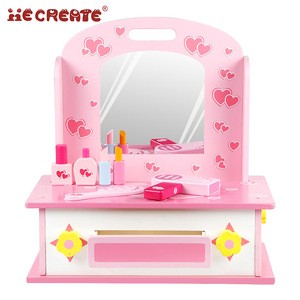 Children&#39;s Play House Toys Wooden Kitchen Toys Set Cooking Utensils Dressing Table Kitchenette 2-in-1