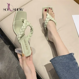 China wholesale Big size woven slippers for girls high heel sandals with transparent heels for ladies