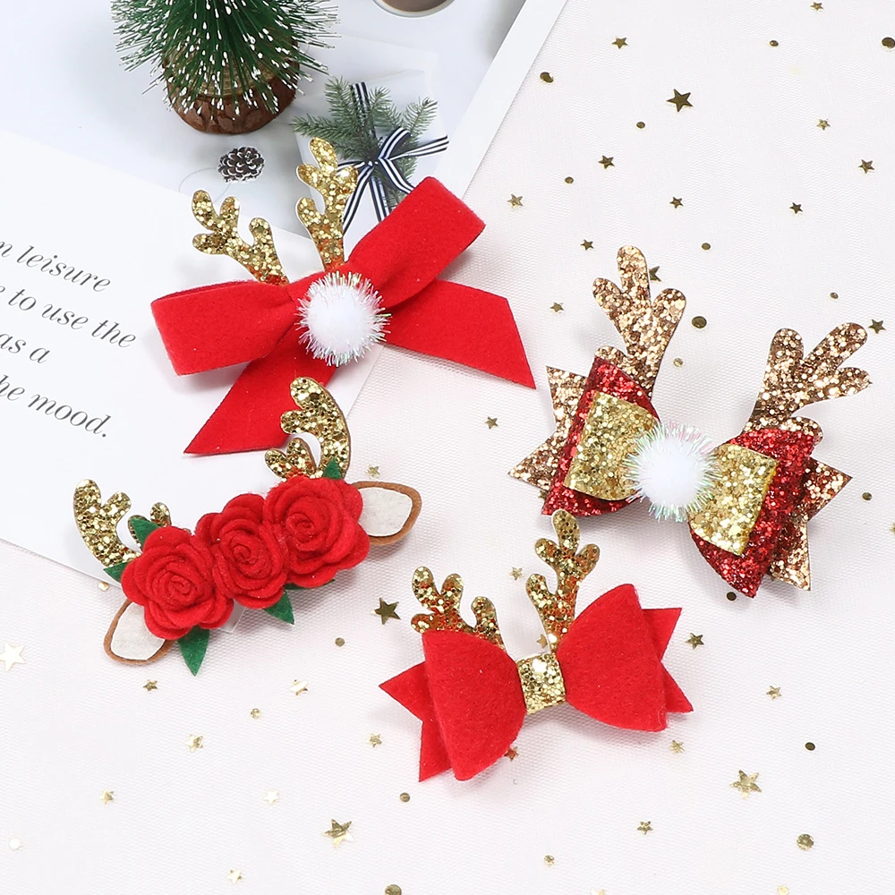 Christmas sequins elk antler hairpin glitte nonwoven flower hairpin hair pin ball bow hair accessories customized wholesale