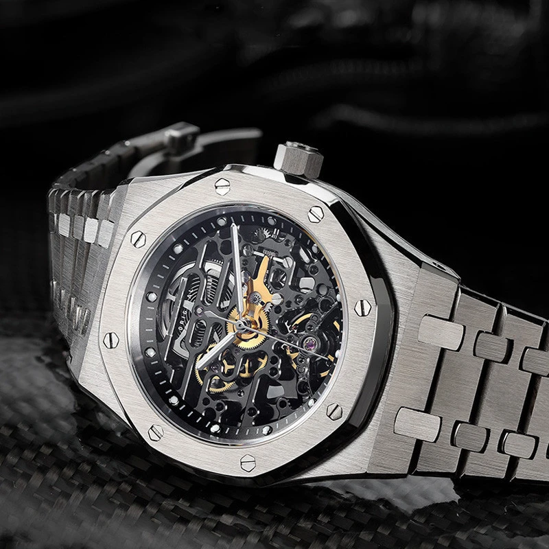 Custom Hot Luxury Mens Skeleton Mechanical Watches 316L Stainless Steel Sapphire Glass Wrist Watch Men