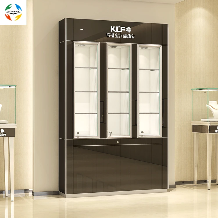 Custom Store Design Furniture Metal Glass Gold Wall Cabinets Jewelry Store Showcase High Back Display Case