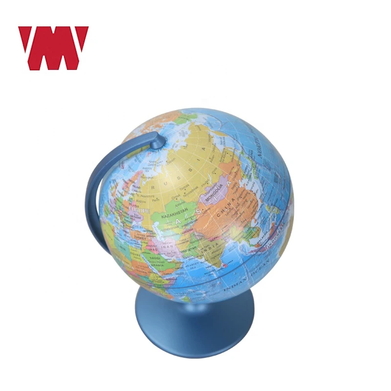 Customized 15cm desktop educational geographical world globe matt PVC surface blue painting plastic meridian and weight base