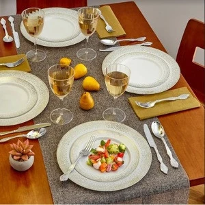 DISPOSABLE DINNER PLATES /20 Piece /Heavy Duty Plastic Dishes /Elegant Fine China Look /Mist White/Gold 10.25&quot;
