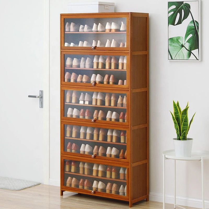Eco-friendly bamboo shoe cabinet cupboard with glass door living room entrance bedroom shoes locker