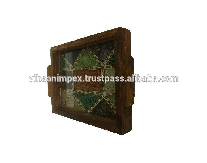 Exclusive Indian Wooden Handicraft Handmade Gem Mota Stone Tray For Home Office Decor and Gift Item