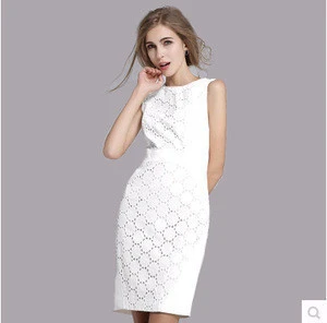 F30077A formal round neck lace office dress sleeveless white career dress