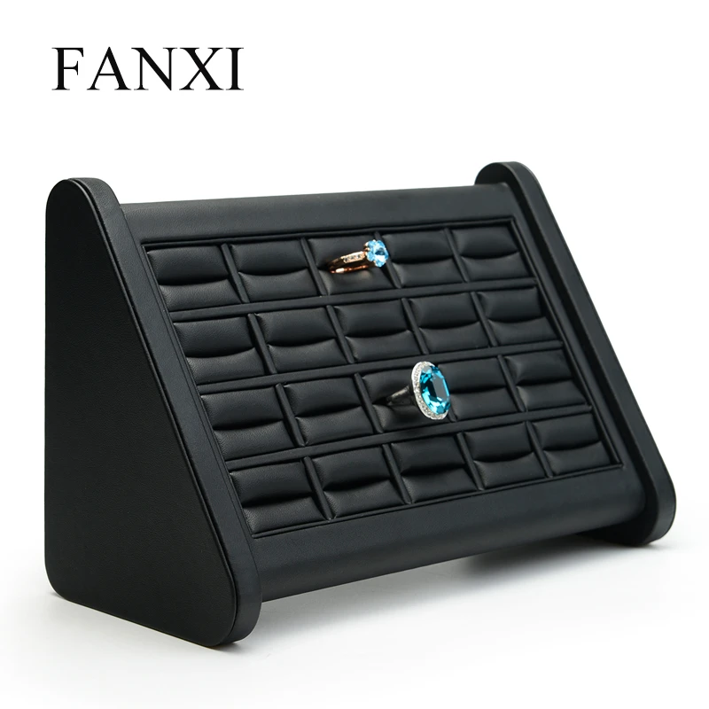 FANXI Classic Cabinet Black PU Leather Tilt Style Jewelry Rings Display Prop Stand Shop Showcase Exhibitor Finger Ring Holder