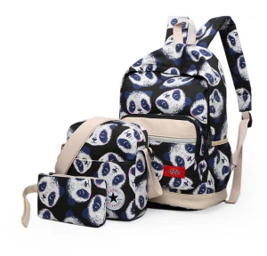 Fashion 3pcs Cute Panda Printing Canvas Backpack School Bag Set