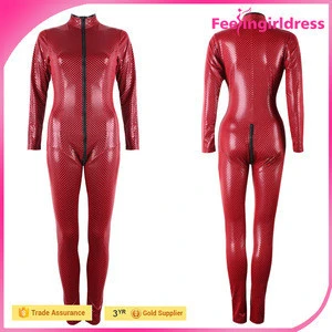 Fashion Red High Quality Sample Free Open Butt Long Sleeves Sexy Tight Leather Catsuit