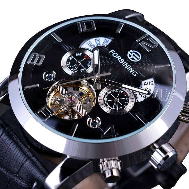 Forsining A165 Fashion Leather Strap Tourbillon Automatic Mechanical Wave Clock Multi Function Waterproof Mens Watches