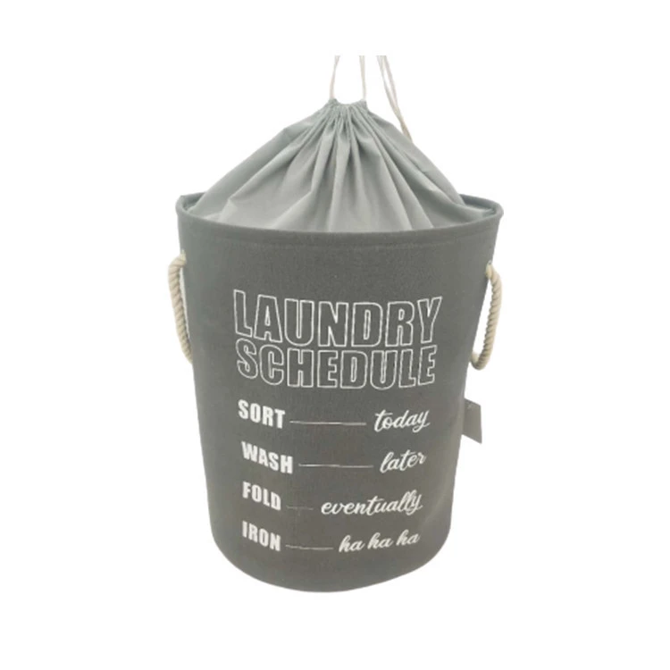 Grey drawstring fabric basket laundry bag with printed foldable straps