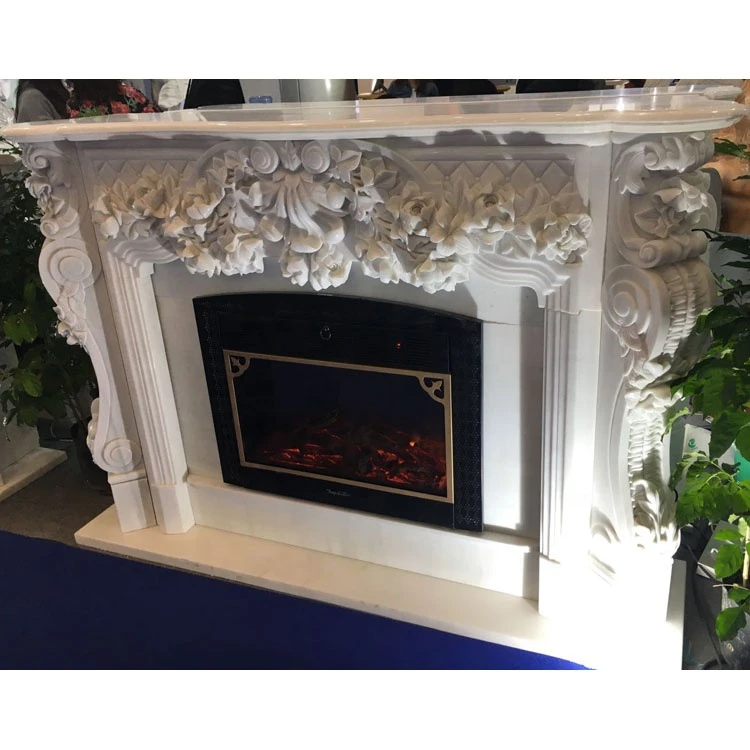 Handmade inserts decoration white stone carving fireplace mantel marble
