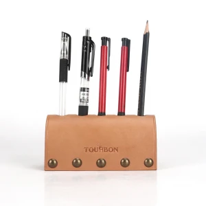 HIBO handmade leather wood desk organizer pen tool holder
