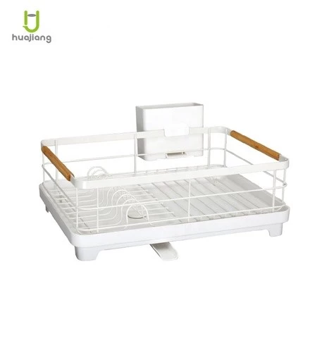 Hot Sell Single Layer Dish Rack With Plastic Tray Holding Dishes Kitchen Storage Holder Kitchen Dish Holder with wooden handle