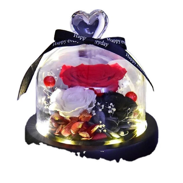 hot selling Creative gift glass cover rose eternal dried flower  gift box with LED light for Christmas,valentine&#x27;s day,birthday