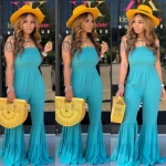 Hot style fashionable solid color smocking stitch suspender woman flare jumpsuit