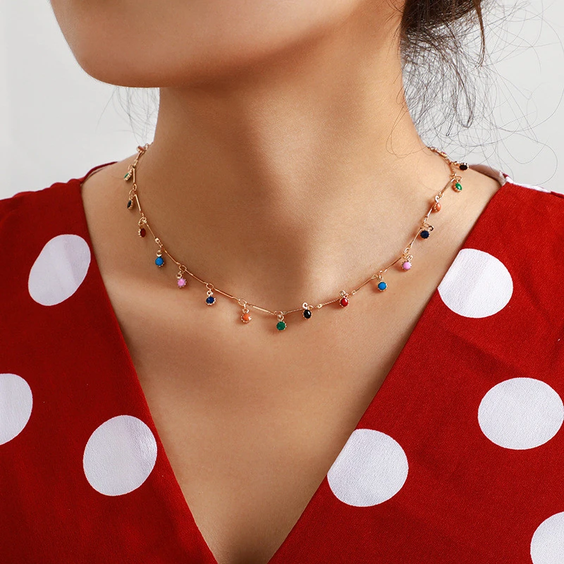 JuHu Women Bohemian Glamorous Colored Stone Chain Necklace Handmade Party Jewelry Wholesale Pendant Necklace