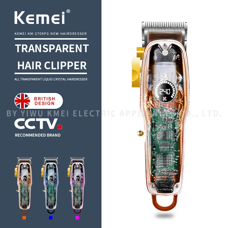 Kemei KM-2709pg Rechargeable Profession  Electric Trimmer Hair Clipper LCD Cordless Transparent design Hair Trimmer