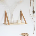 Leather Strap Hanging Wood Wall Shelf Floating Wooden Wall Shelves Wall Mount Wooden Shelf