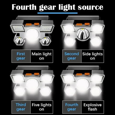 Led Five-Head Headlamp Strong Light Super Bright Rechargeable Fishing Headlight Long-Range Head-Mounted Mine Lamp Flashlight