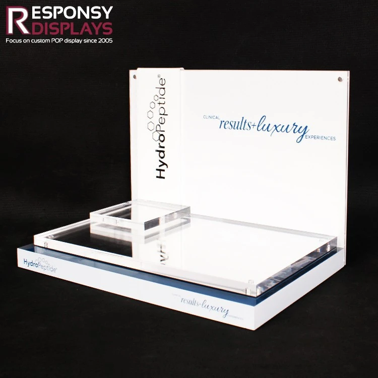 Luxury Clear And White Acrylic Cosmetic Tabletop Display Stand With Mirror