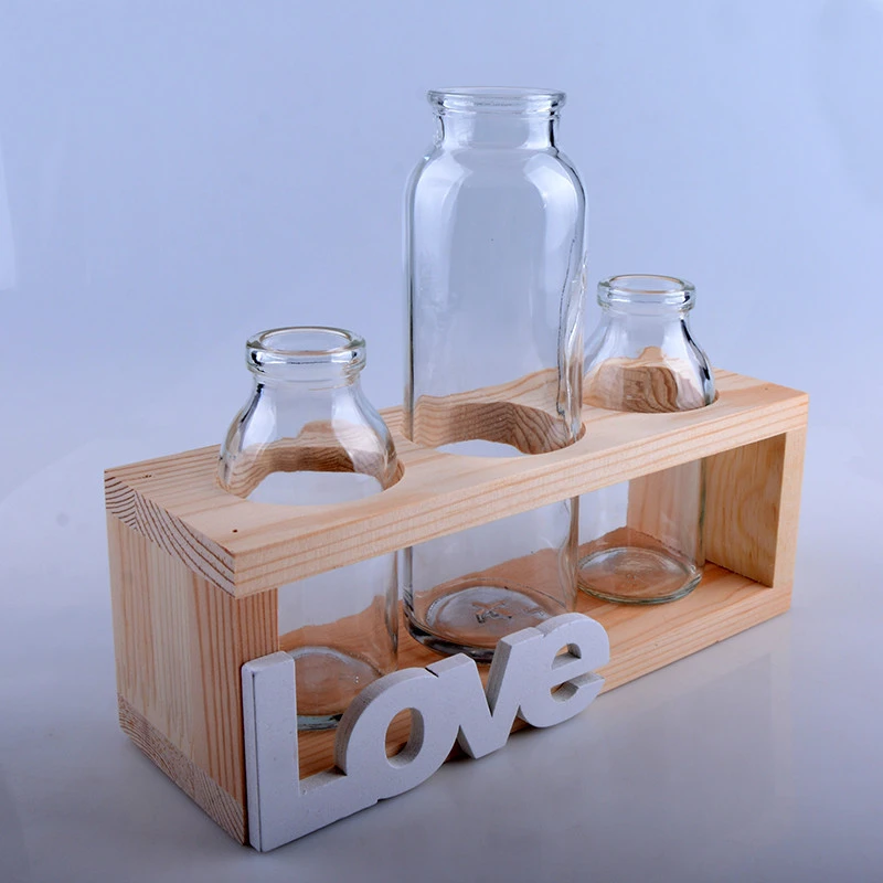 Medium creative hydroponic plant  transparent glass vase wooden frame vase