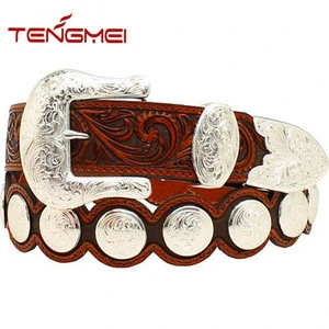 Men floral tooled round concho scalloped belt western cowhide leather concho belts