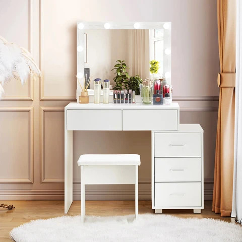 Mirror Vanity Table Dressing Table Set Mirror Drawers Lighted Mirror Cabinet Led Lights and Wooden Stool for Living Room