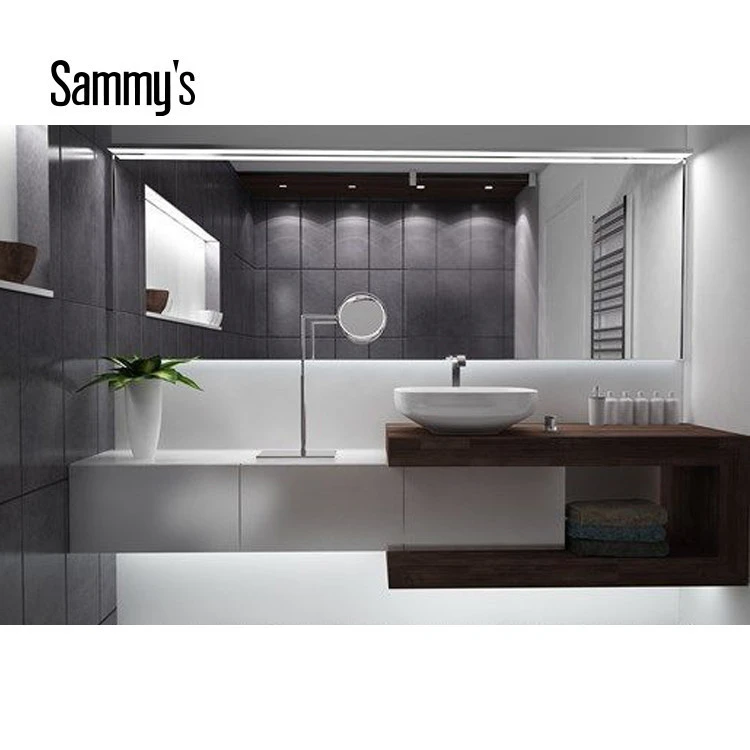 Modern I shaped bathroom vanity designs with light mirror