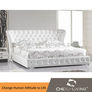 Modern luxury white double leather bed with crystals,Antique bedroom furniture