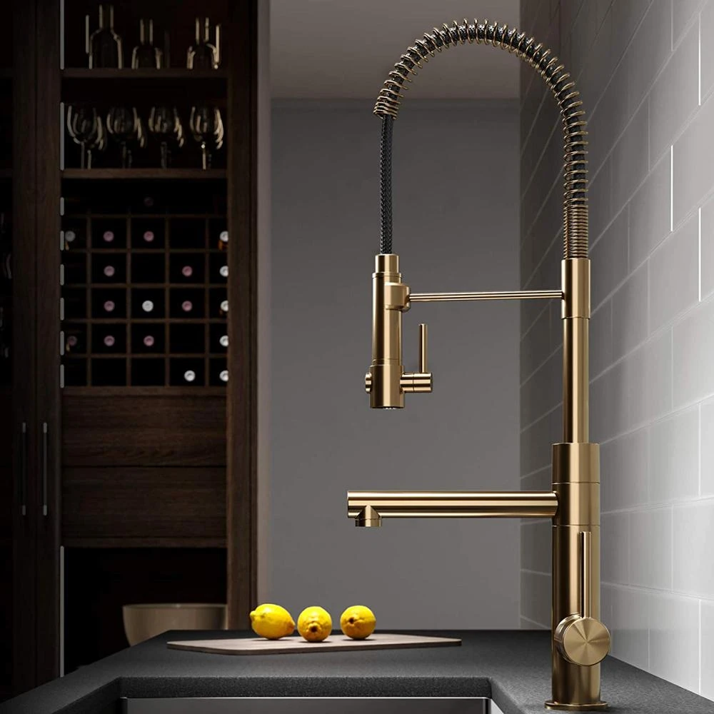 New deck mounted brushed gold pull out kitchen faucet spring dual spout pull down mixer tap