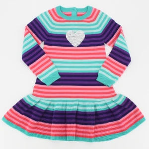 New design multi color striped love heart back botton long sleeve wrinkle fall children girl dress