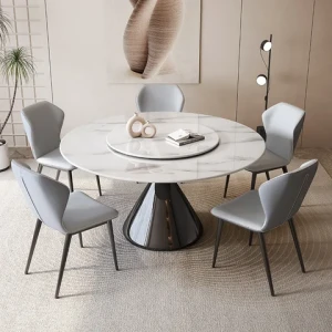 New Luxury Home Furniture White Table Top Black Stainless Steel Tapered Base Round Dining Table Set With 6 Leather Chairs