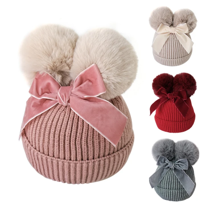 New Pompon Baby Winter Hat for Girls Bows Warm Baby Beanie Kids Cap Fur Ball Pom Pom Baby Girl Hat Snow Children Hats 9 Colors
