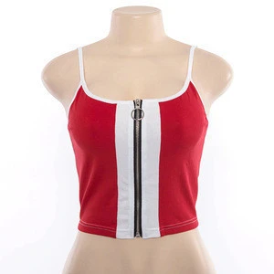 New Style Fashion Red White Patchwork Zipper Fly Women Crop Tops Cotton Casual Knitted Tank tops Camis Slim Camisole