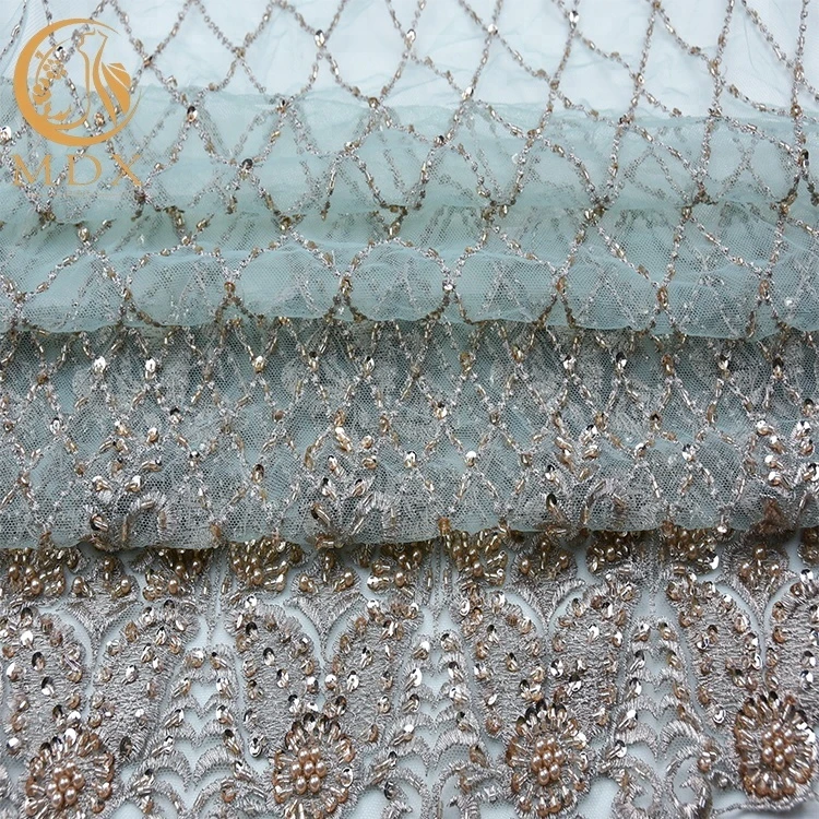 Newest Fashion Pearls Sequin Beaded Embroidery Lace Fabric Embroidered Beaded Lace