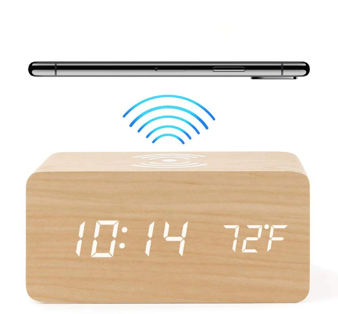 Newest Hot Selling Wooden QI Wireless Charger charging LED Calendar Time Temperature Voice Control wood Digital Alarm Clock