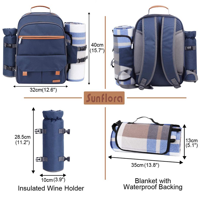 Picnic Backpack Bag for 4 Person with Cooler Bag  Compartment  Detachable Bottle/Wine Holder with  Fleece Blanket