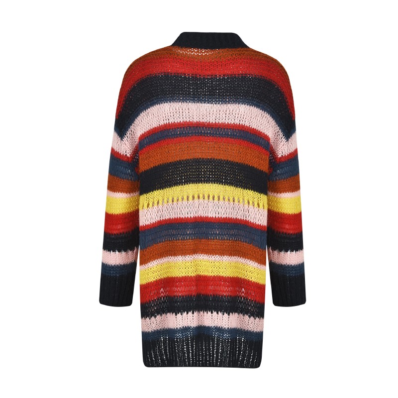 Private label autumn casual pointelle striped design stand collar long chunky knitwear pullover sweater wholesale