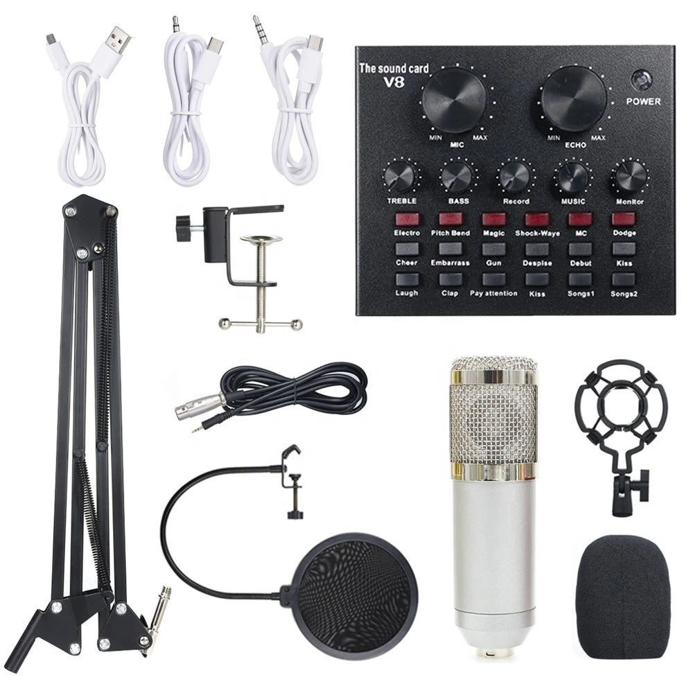 Professional Condenser Microphone V8 Sound Card set/Mobile phone network Karaoke Mic Scissor Arm Stand ,Shock mount, Pop Filter