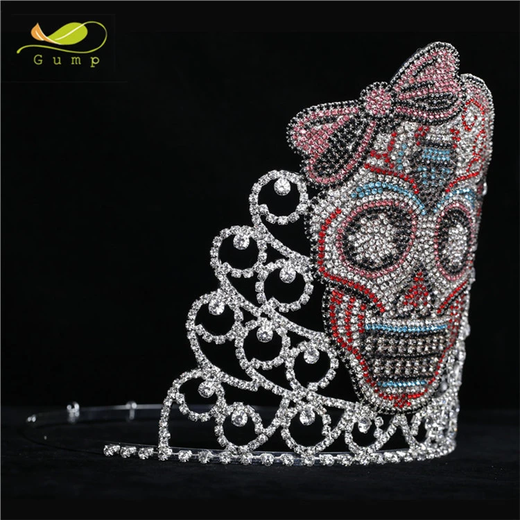Rhinestone Crystal Custom Colorful Skull Design Tiara with Bowknot Wholesale Pageant Crown
