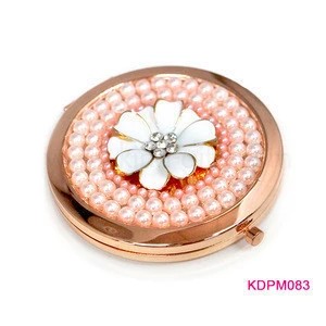 Round rose gold rhinestone inlaid compact mirror brand your own design makeup mirror