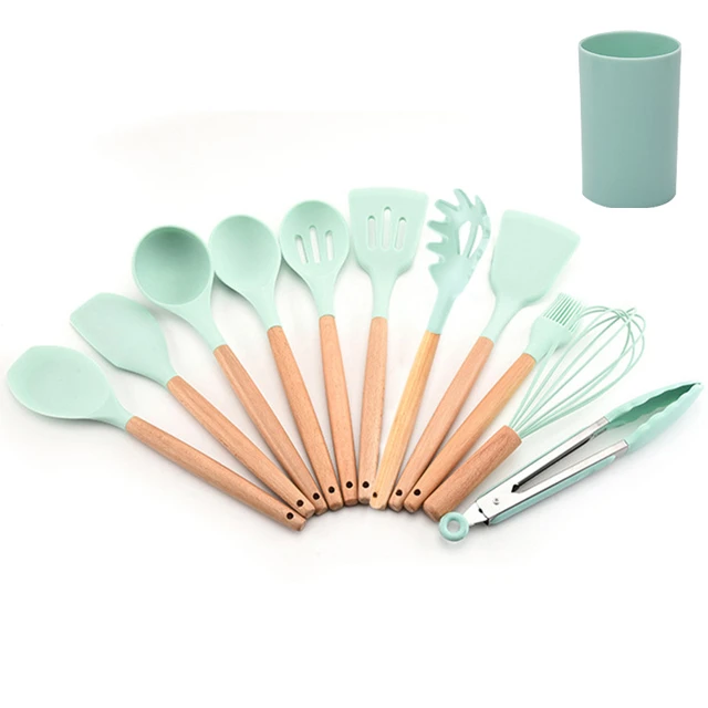 Silicone Cooking Utensils Kitchen Utensil Set - 446 F Heat Resistant,Turner Tongs,Spatula,Spoon,Brush,Whisk. Wooden Handles